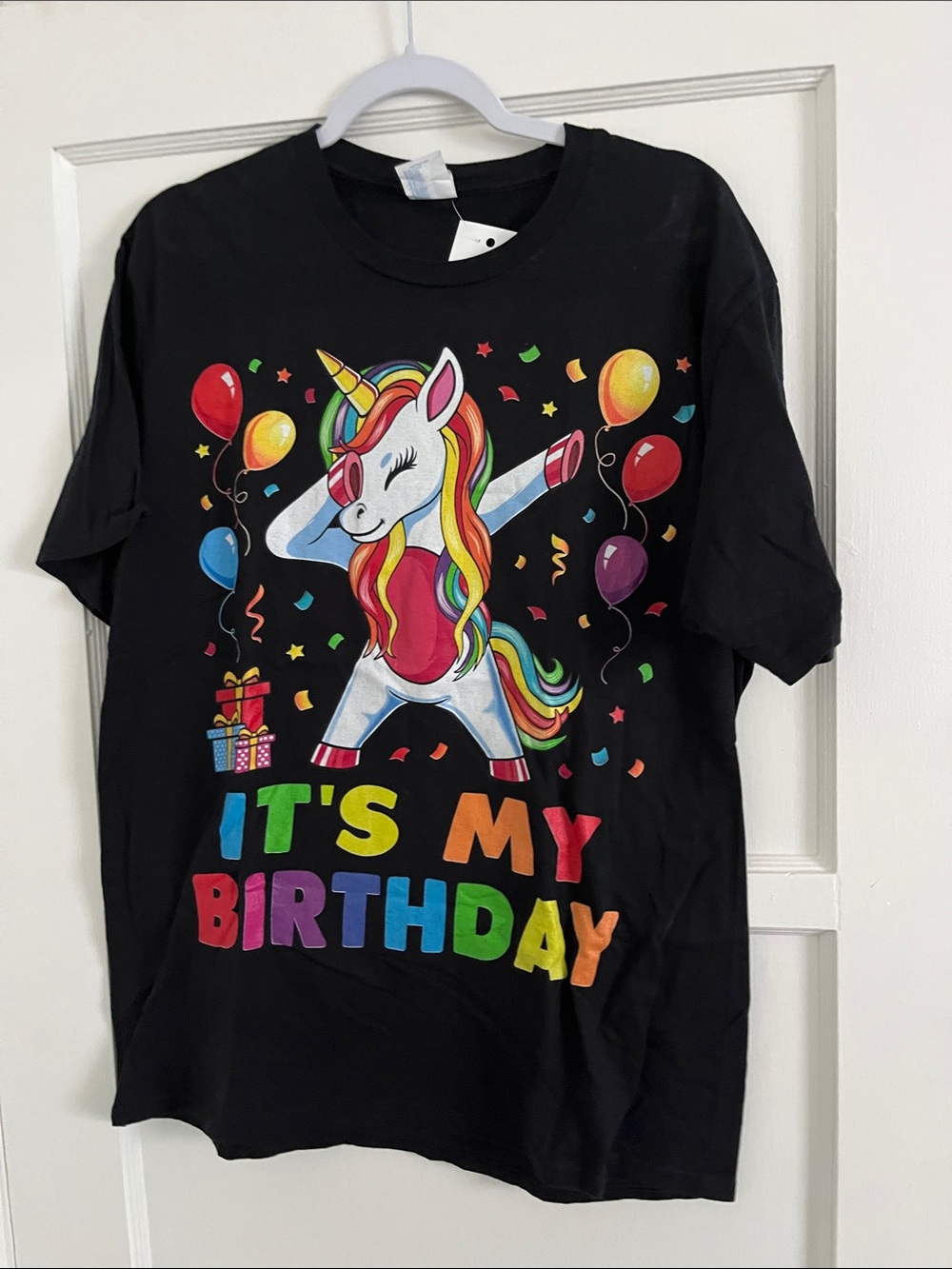 Gildan Black Unicorn 'It's My Birthday' Graphic Tee with Rainbow Accents